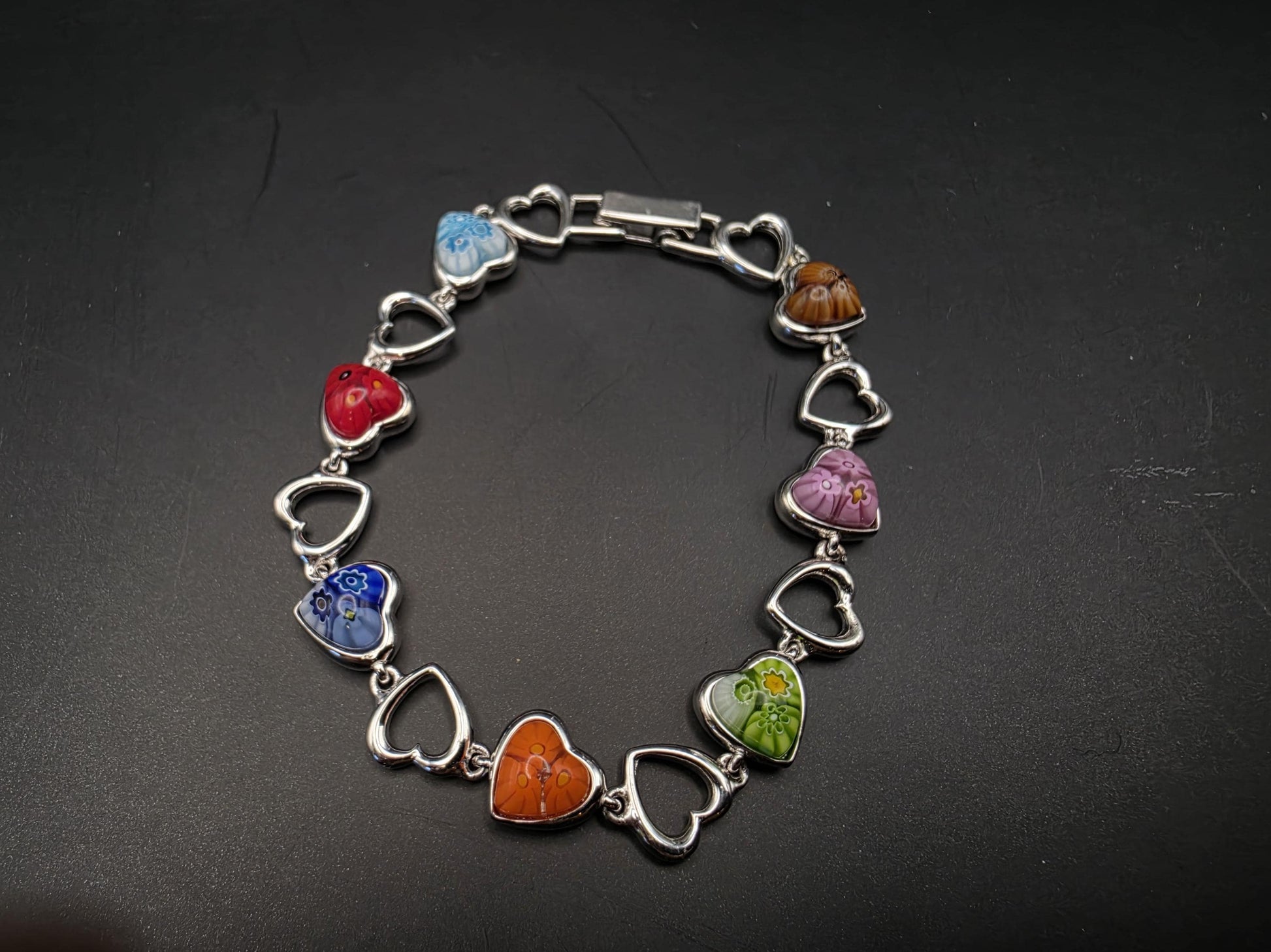 Sterling Silver Millefiori Heart Bead Bracelet | 925 Silver Multicolor Glass Heart Bracelet 7 Inch