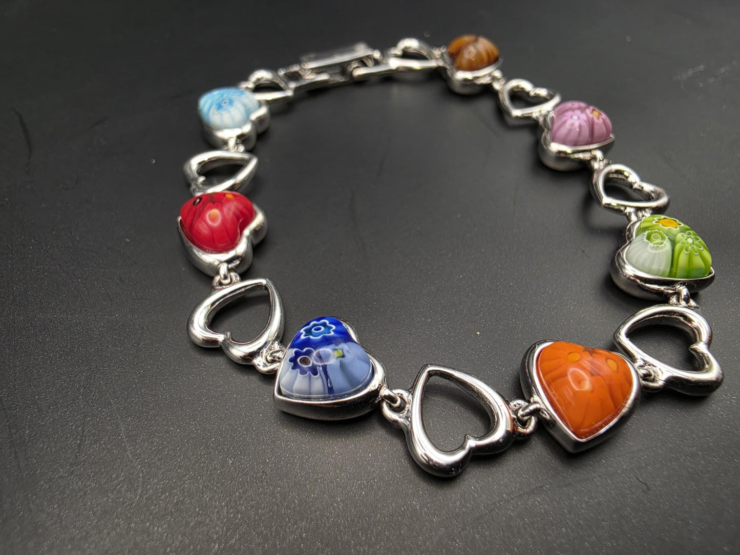 Sterling Silver Millefiori Heart Bead Bracelet | 925 Silver Multicolor Glass Heart Bracelet 7 Inch