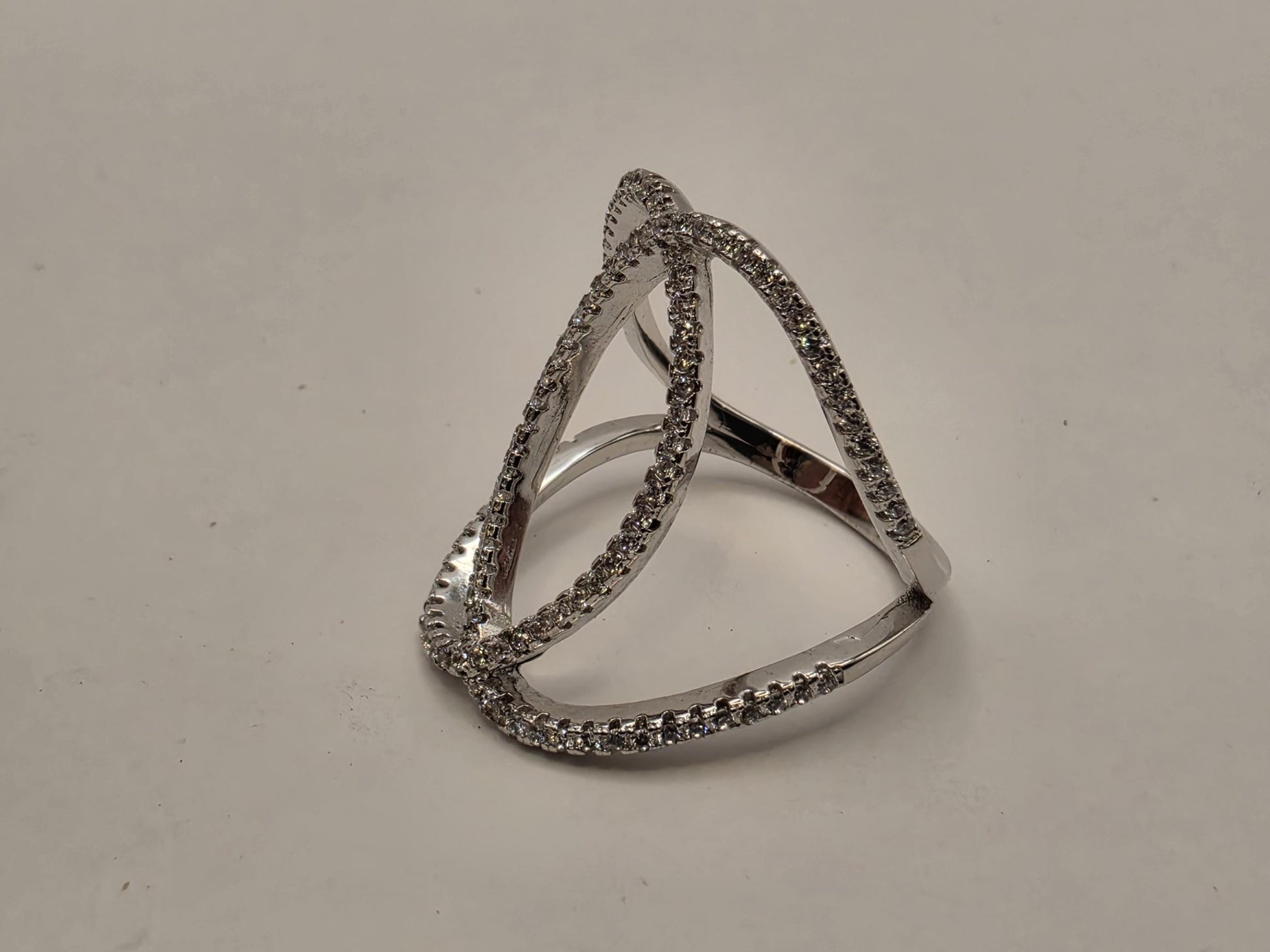 Sterling Silver CZ Orbit Crossover Ring Size 8 Open Double Loop Statement 925 Women 4.1g