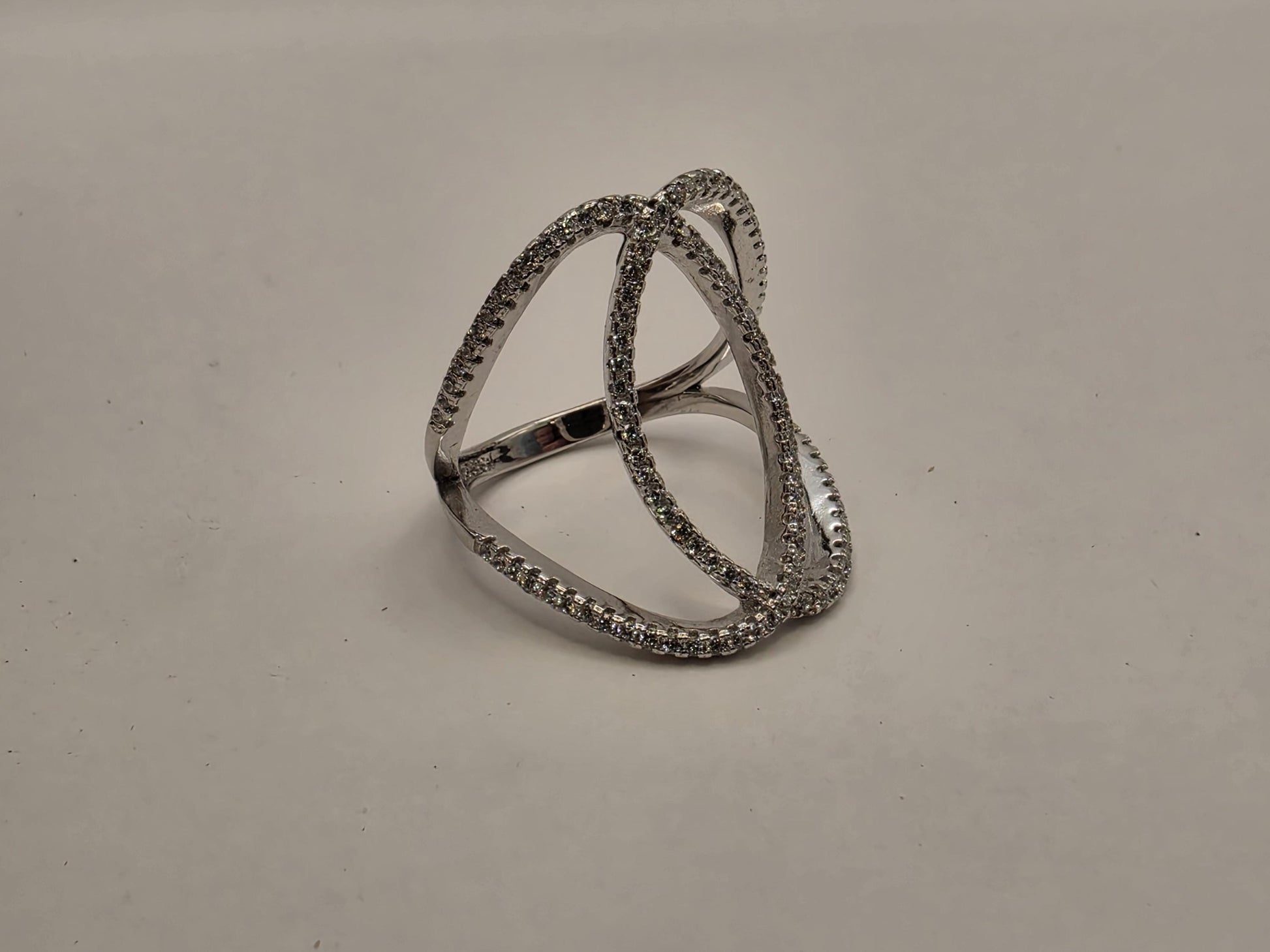 Sterling Silver CZ Orbit Crossover Ring Size 8 Open Double Loop Statement 925 Women 4.1g