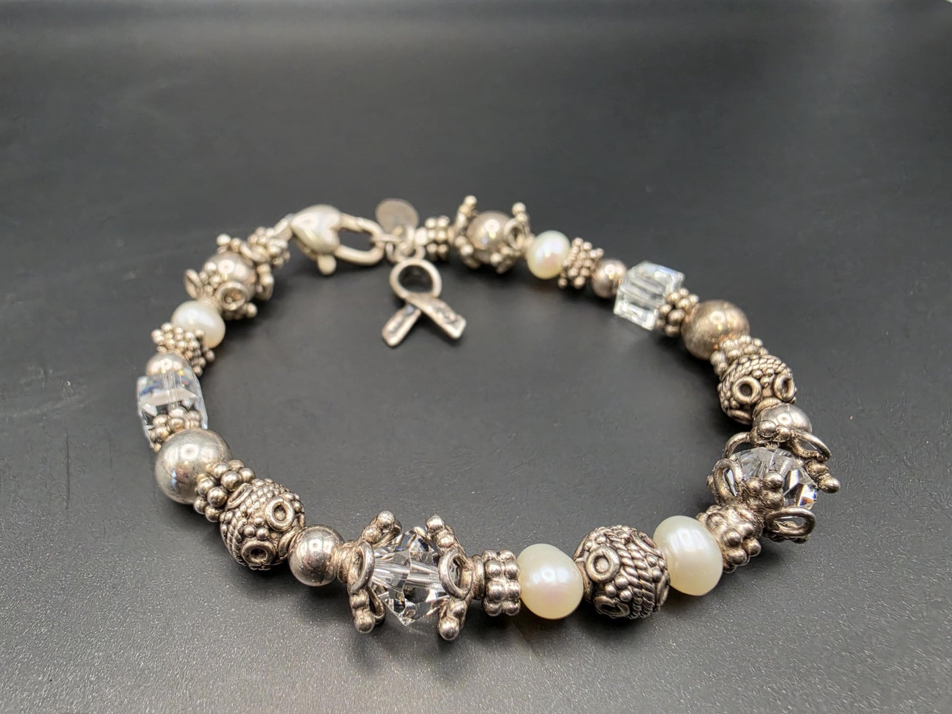Sterling Silver Mixed Bead Charm Bracelet | 925 Silver Pearl Crystal Bead Bracelet 7.25 Inch