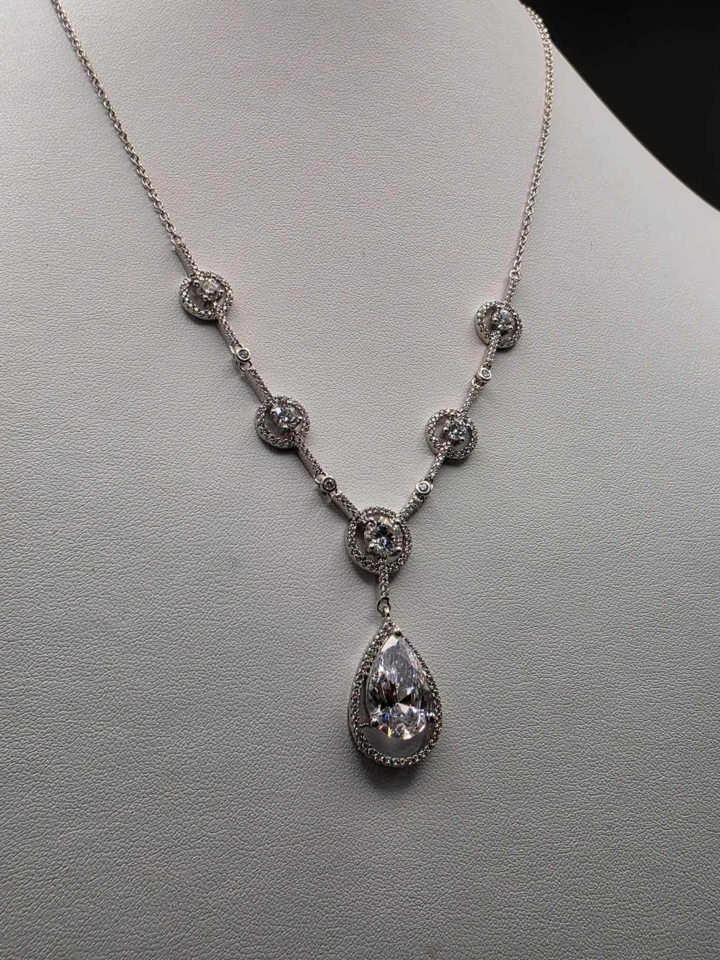Sterling Silver CZ Teardrop Drop Necklace | 925 Silver Pendant Necklace 18 Inch