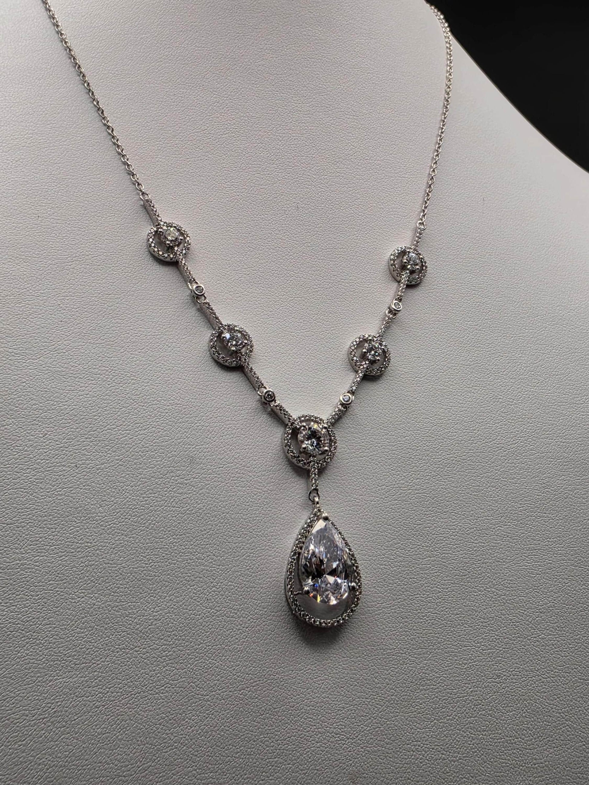 Sterling Silver CZ Teardrop Drop Necklace | 925 Silver Pendant Necklace 18 Inch