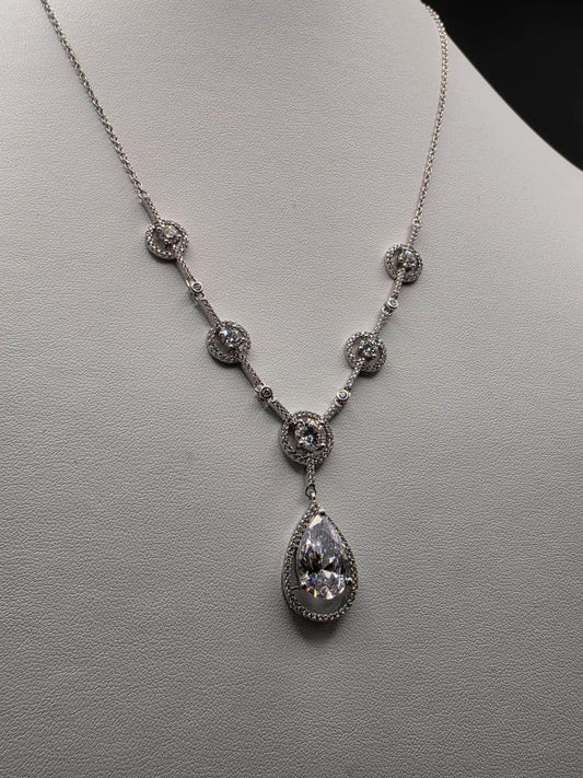 Sterling Silver CZ Teardrop Drop Necklace | 925 Silver Pendant Necklace 18 Inch