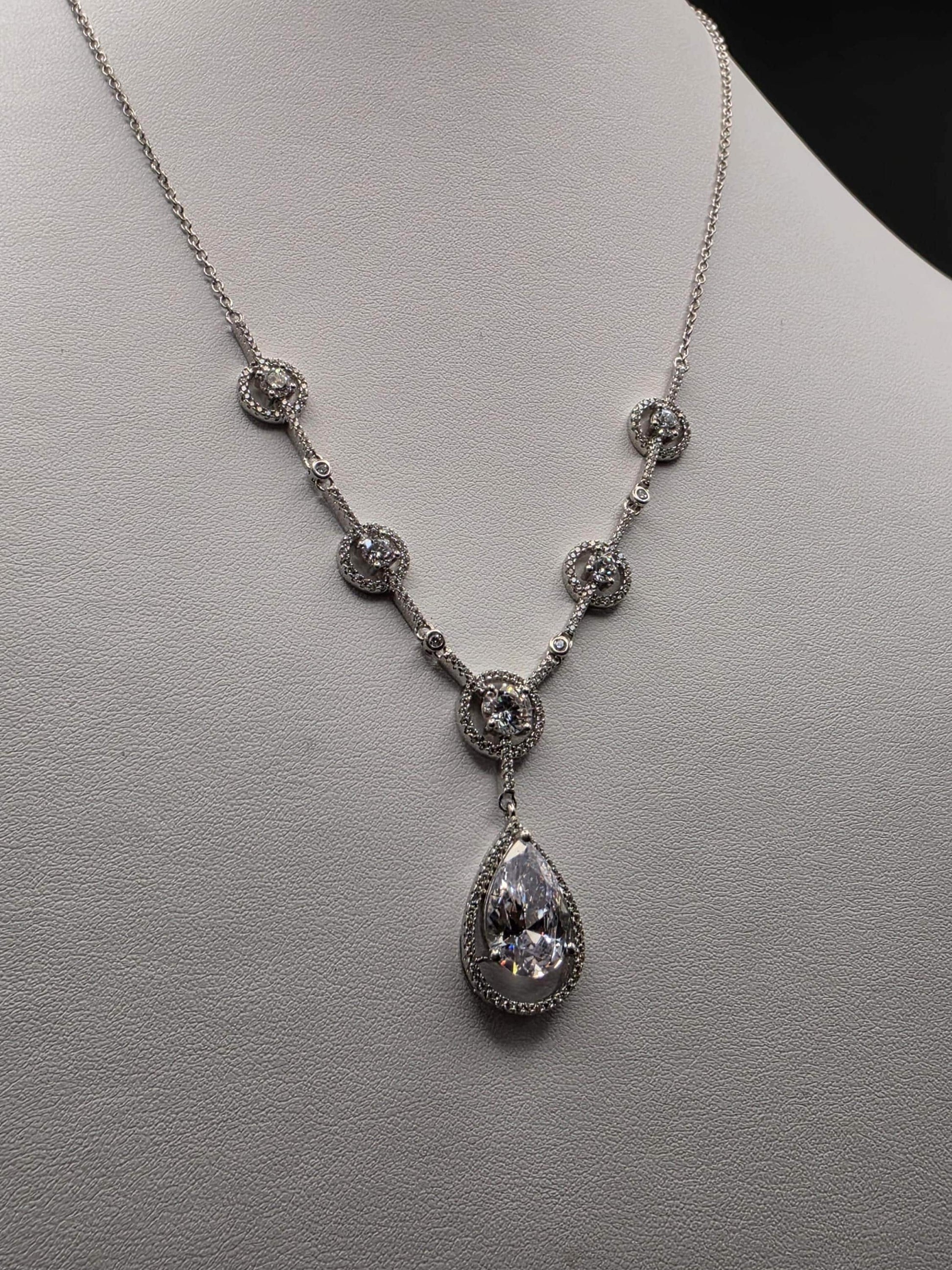 Sterling Silver CZ Teardrop Drop Necklace | 925 Silver Pendant Necklace 18 Inch