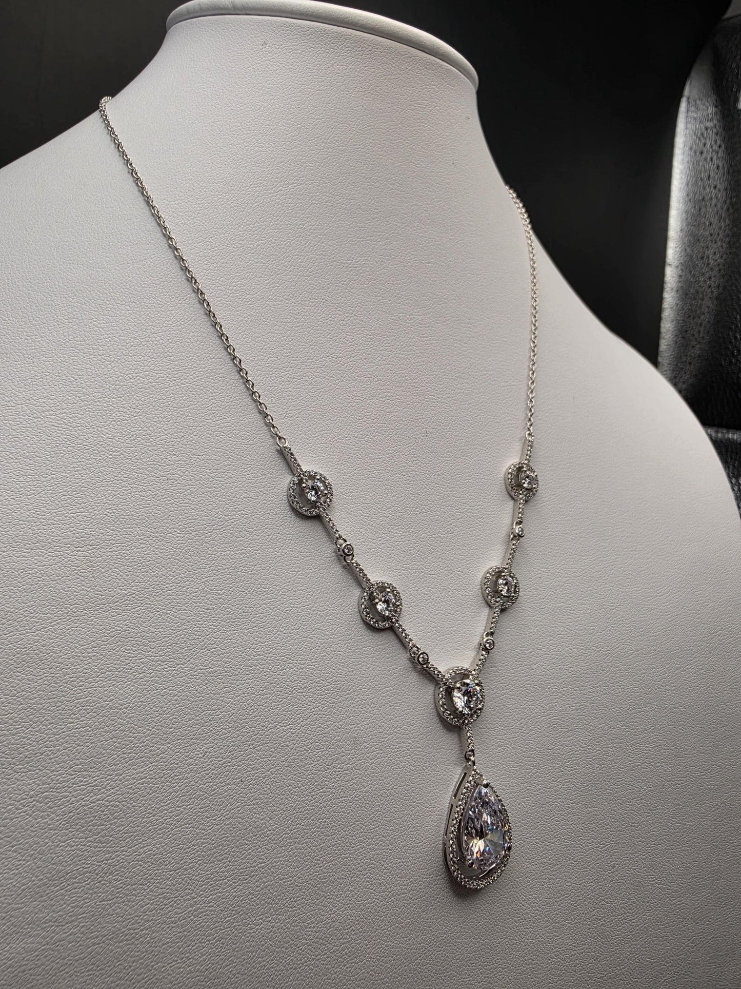 Sterling Silver CZ Teardrop Drop Necklace | 925 Silver Pendant Necklace 18 Inch