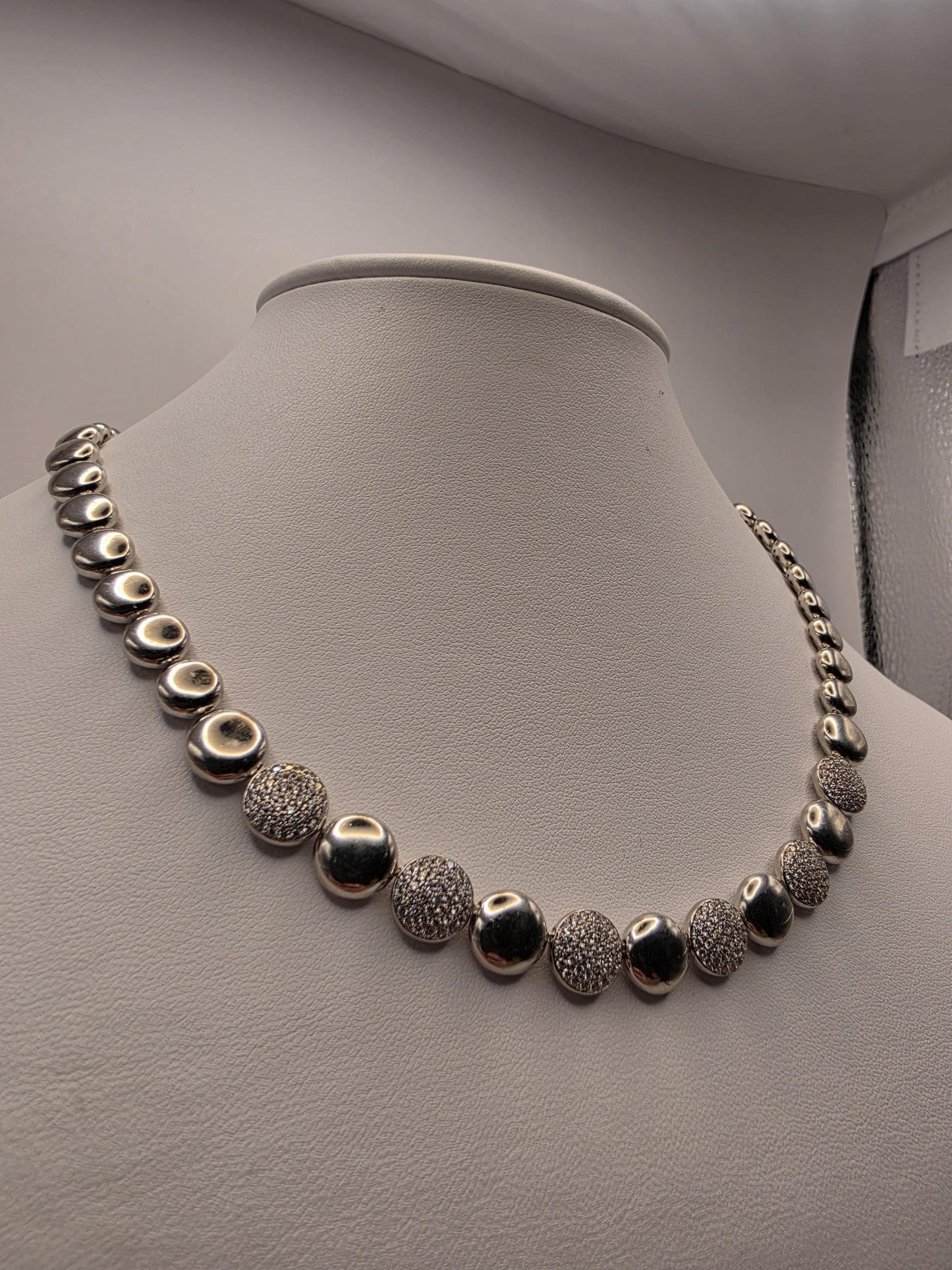 Sterling Silver Ball Bead Necklace | 925 Silver Pave CZ Disc Necklace 17 Inch