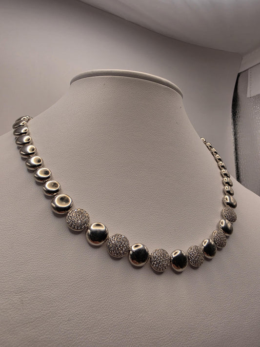 Sterling Silver Ball Bead Necklace | 925 Silver Pave CZ Disc Necklace 17 Inch