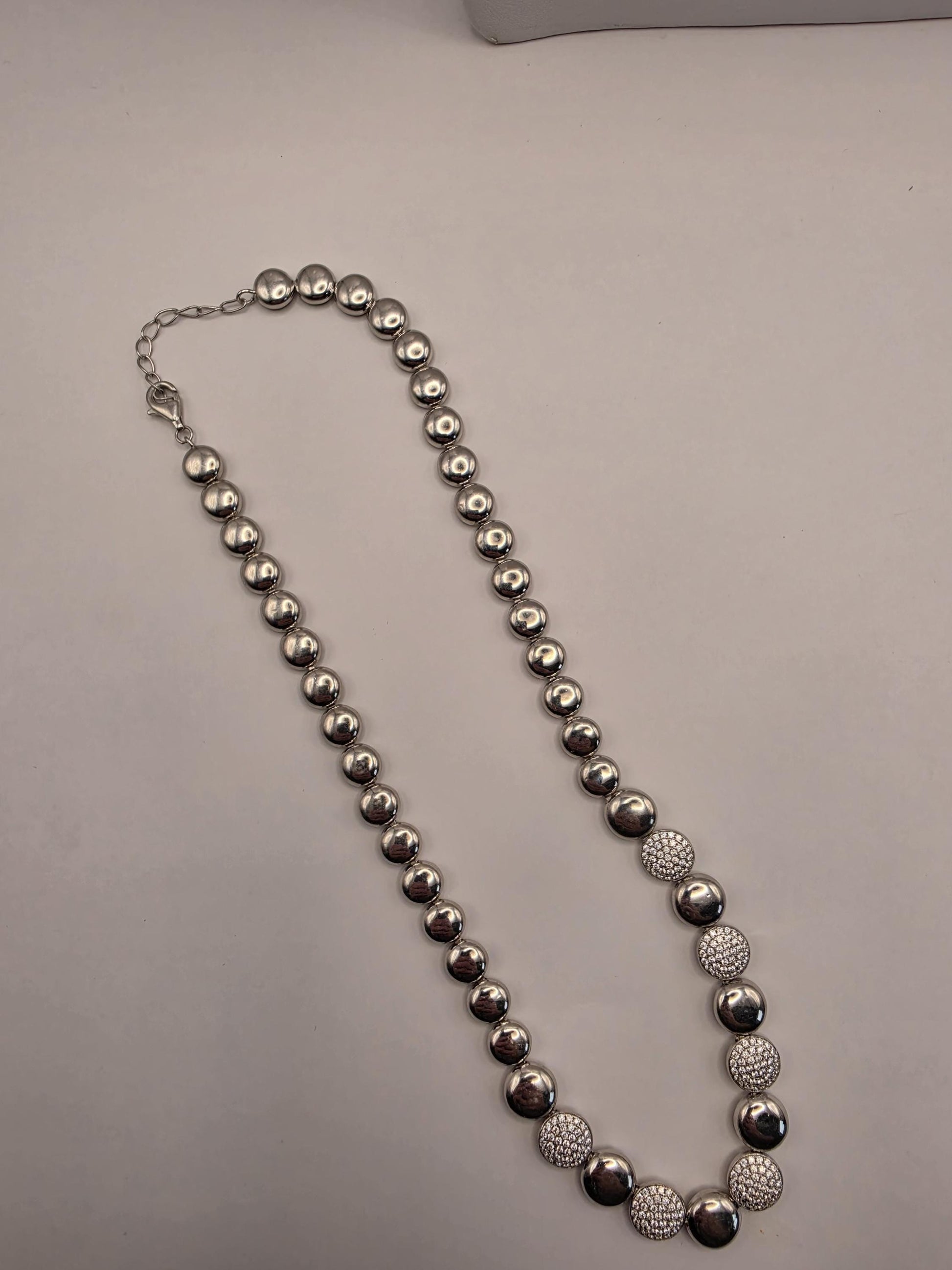 Sterling Silver Ball Bead Necklace | 925 Silver Pave CZ Disc Necklace 17 Inch