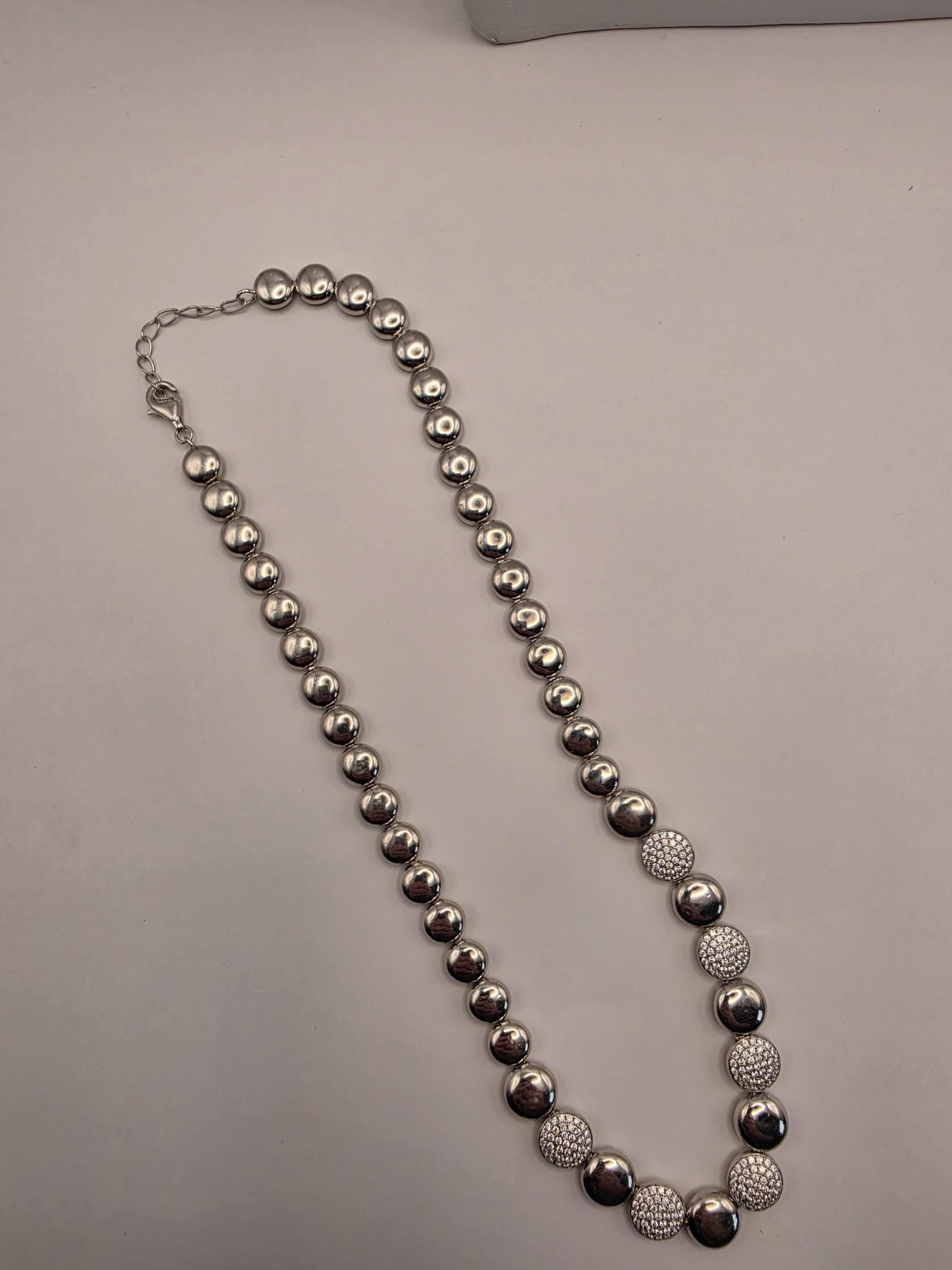 Sterling Silver Ball Bead Necklace | 925 Silver Pave CZ Disc Necklace 17 Inch