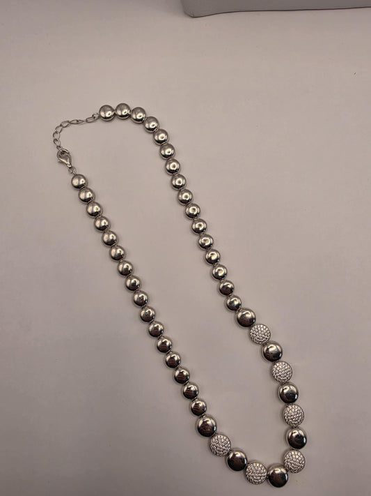 Sterling Silver Ball Bead Necklace | 925 Silver Pave CZ Disc Necklace 17 Inch