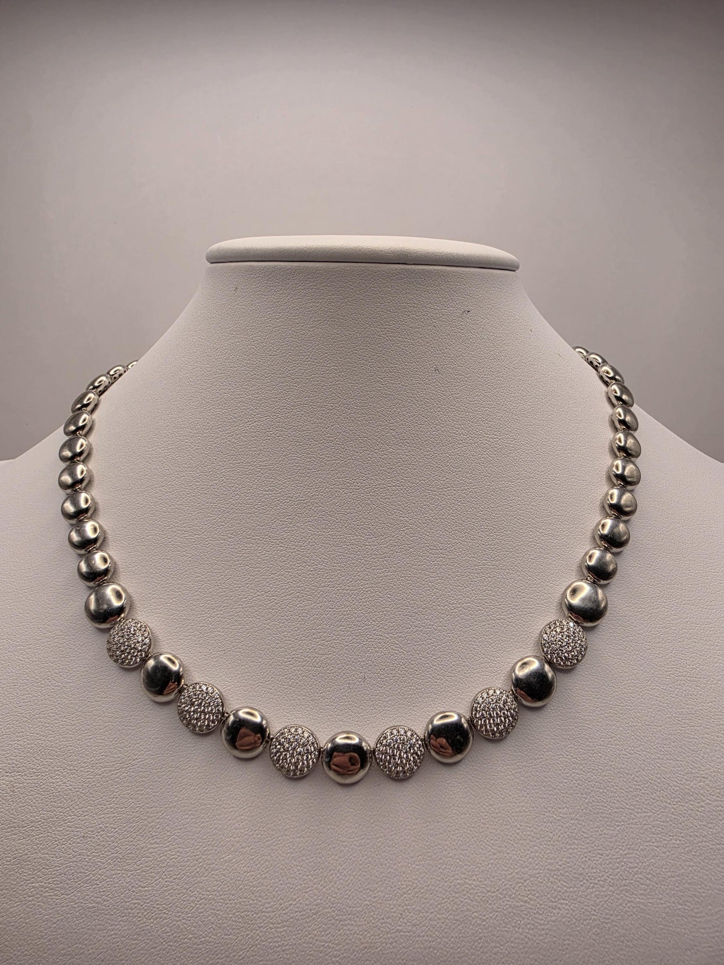 Sterling Silver Ball Bead Necklace | 925 Silver Pave CZ Disc Necklace 17 Inch