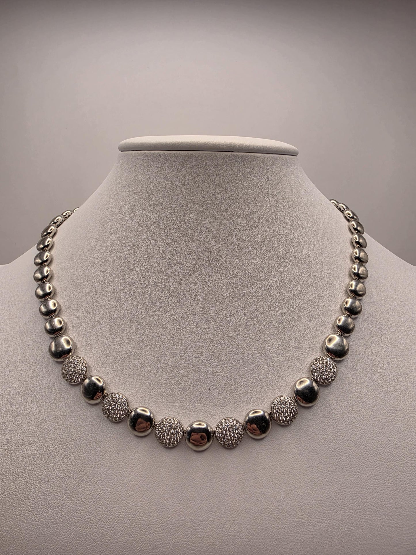 Sterling Silver Ball Bead Necklace | 925 Silver Pave CZ Disc Necklace 17 Inch