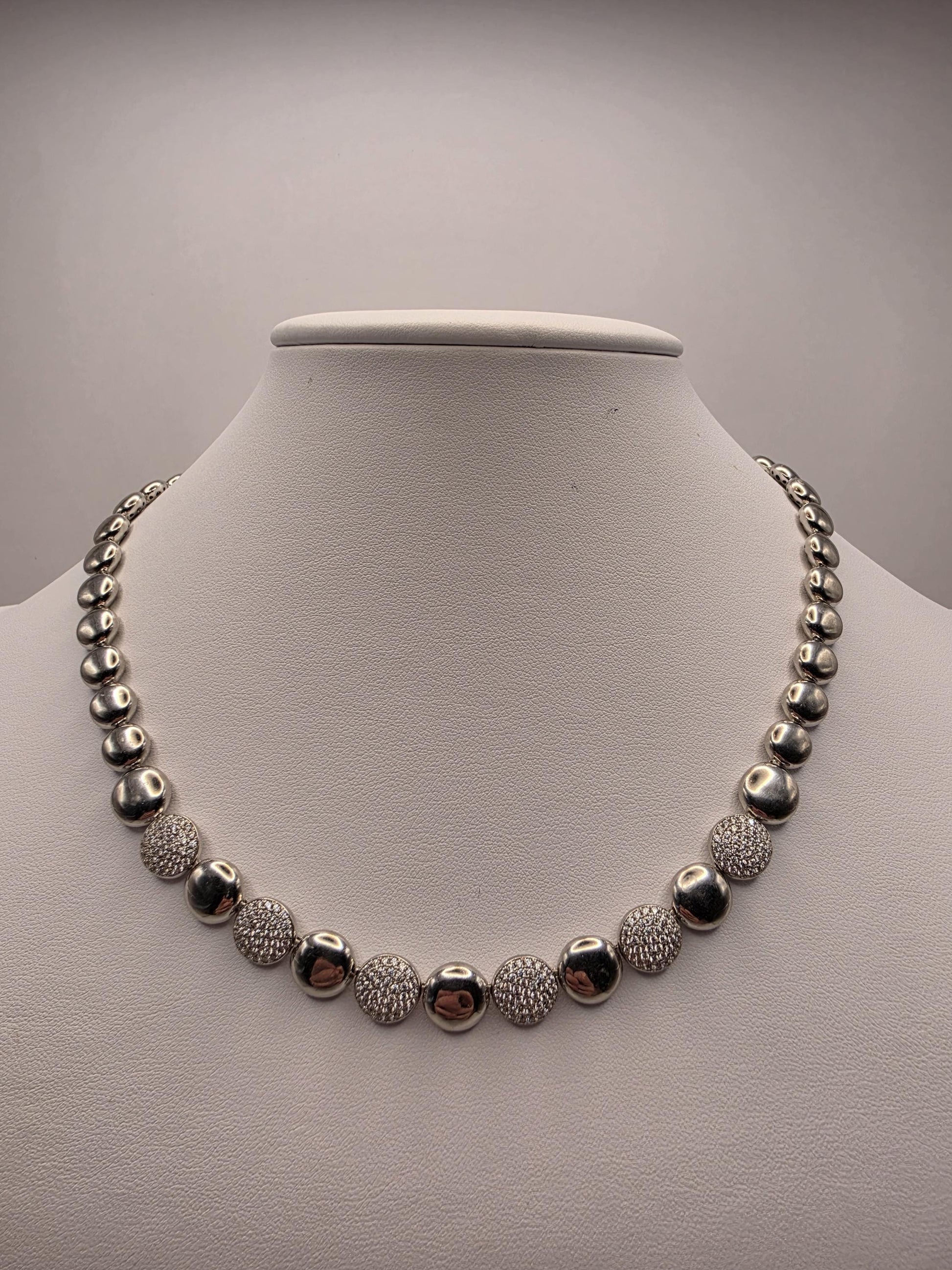 Sterling Silver Ball Bead Necklace | 925 Silver Pave CZ Disc Necklace 17 Inch