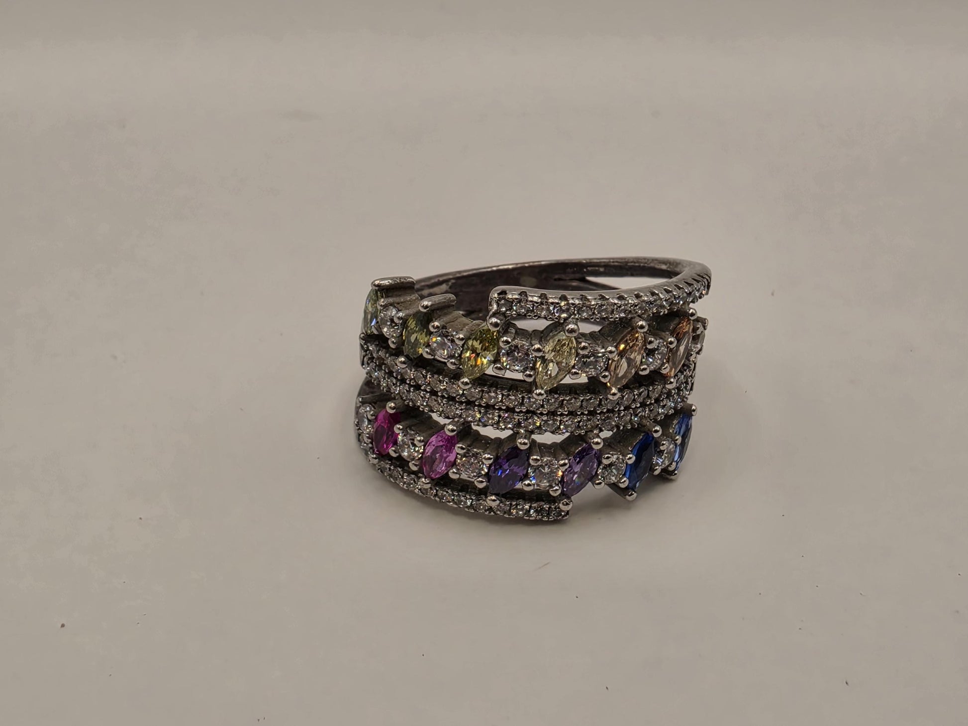 Sterling Silver Multicolor CZ Multi Row Band Ring Size 8 Rainbow Statement 925 Women 7.2g