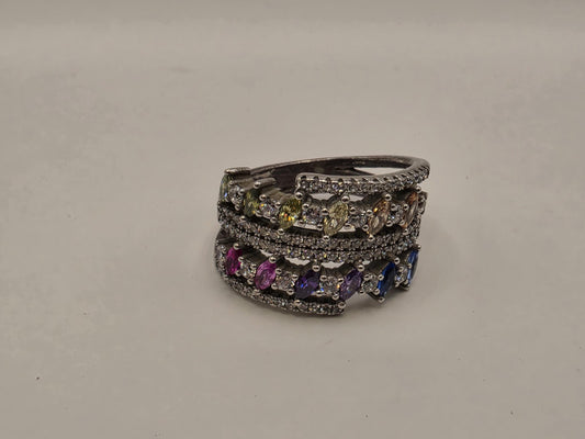 Sterling Silver Multicolor CZ Multi Row Band Ring Size 8 Rainbow Statement 925 Women 7.2g