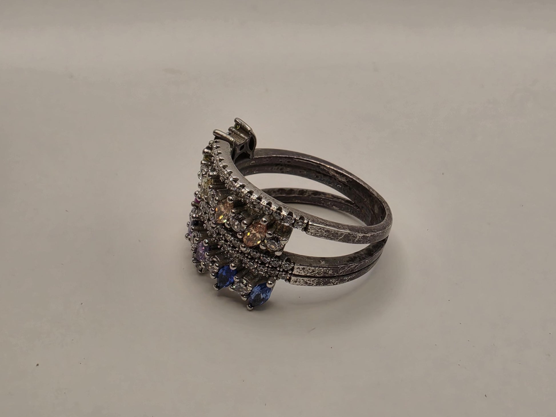 Sterling Silver Multicolor CZ Multi Row Band Ring Size 8 Rainbow Statement 925 Women 7.2g