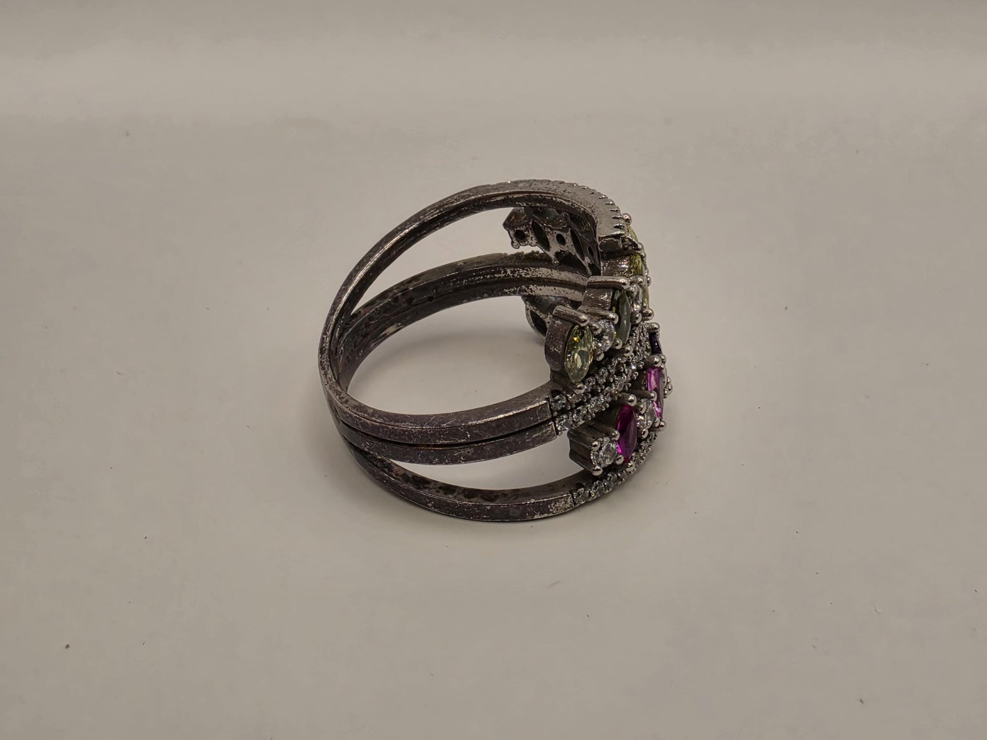 Sterling Silver Multicolor CZ Multi Row Band Ring Size 8 Rainbow Statement 925 Women 7.2g