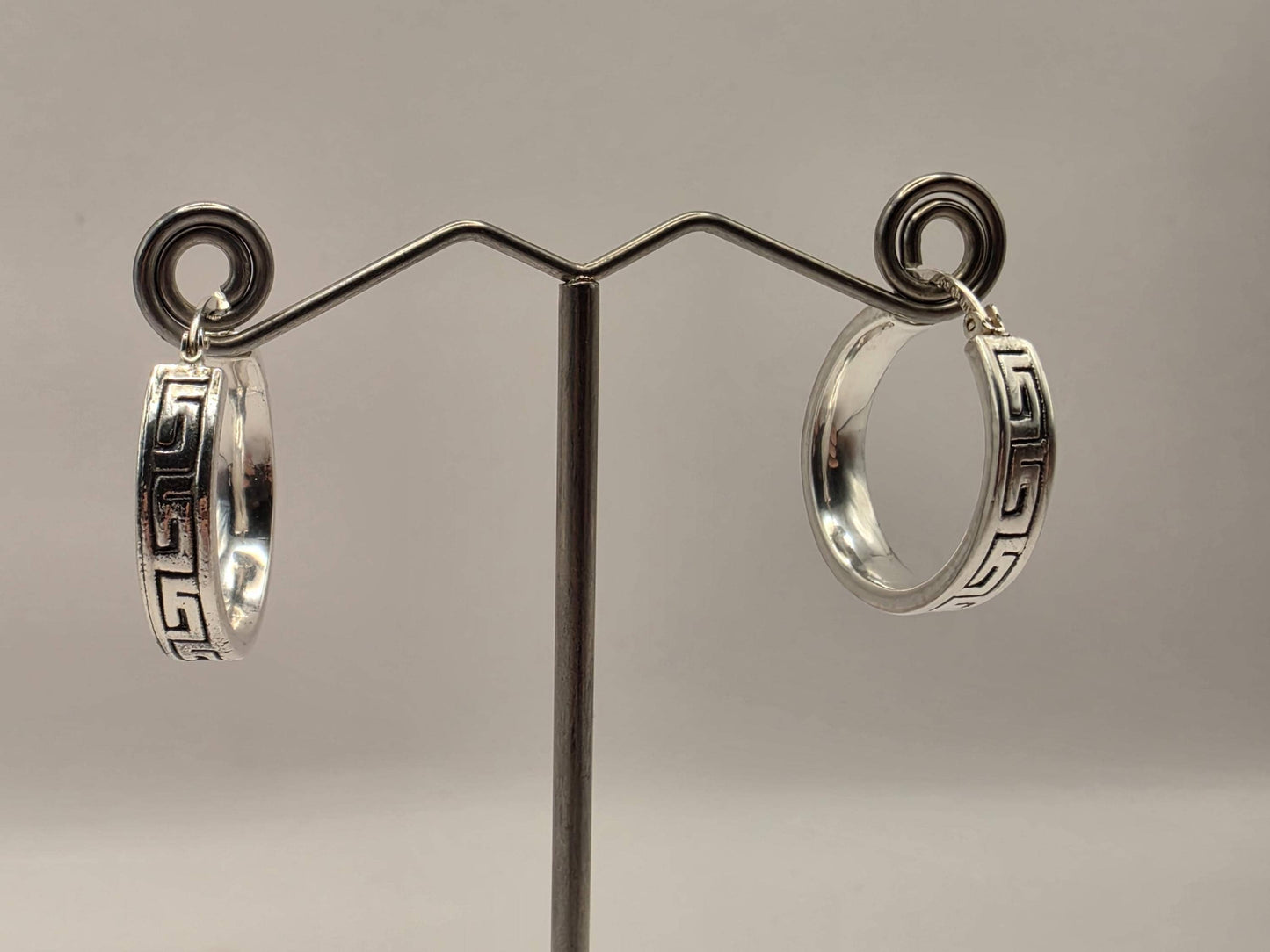 Sterling Silver Greek Key Hoop Earrings | 925 Silver Pattern Hoops 24mm