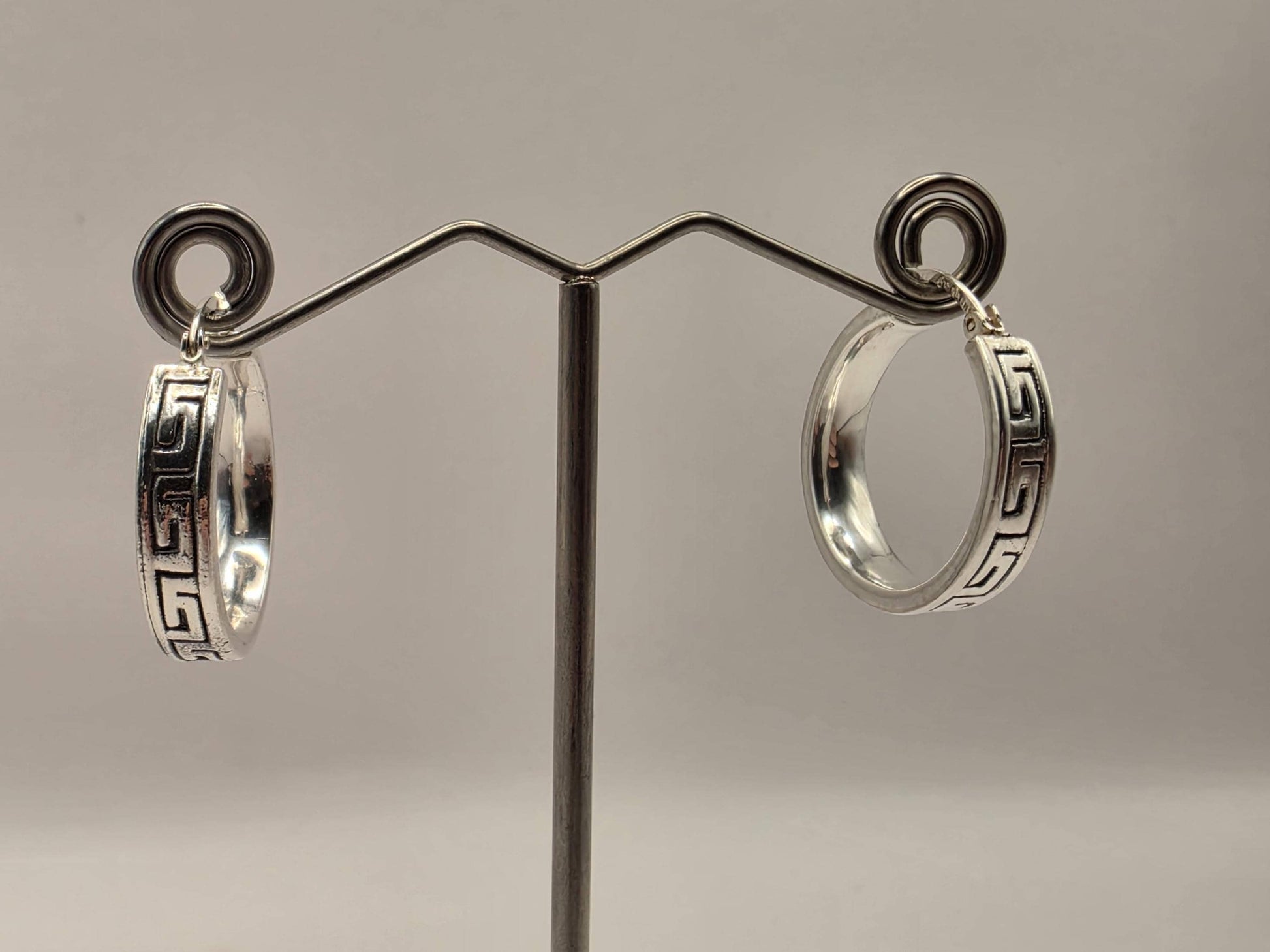Sterling Silver Greek Key Hoop Earrings | 925 Silver Pattern Hoops 24mm