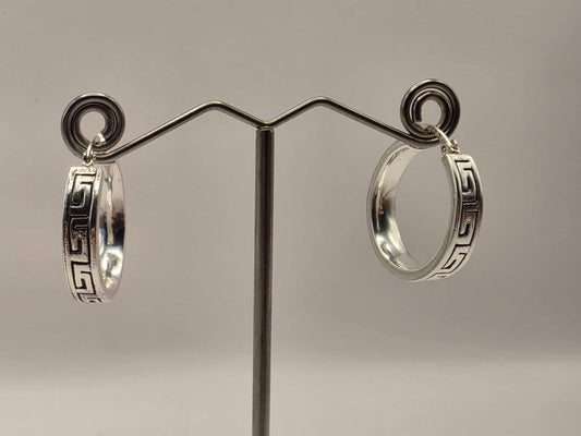 Sterling Silver Greek Key Hoop Earrings | 925 Silver Pattern Hoops 24mm