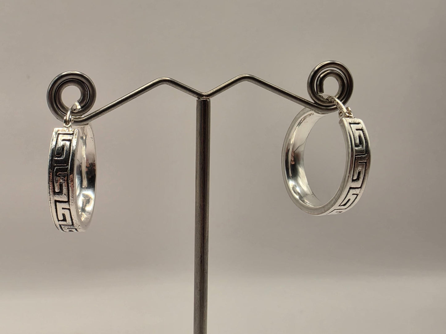 Sterling Silver Greek Key Hoop Earrings | 925 Silver Pattern Hoops 24mm