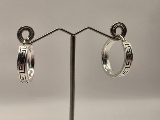 Sterling Silver Greek Key Hoop Earrings | 925 Silver Pattern Hoops 24mm