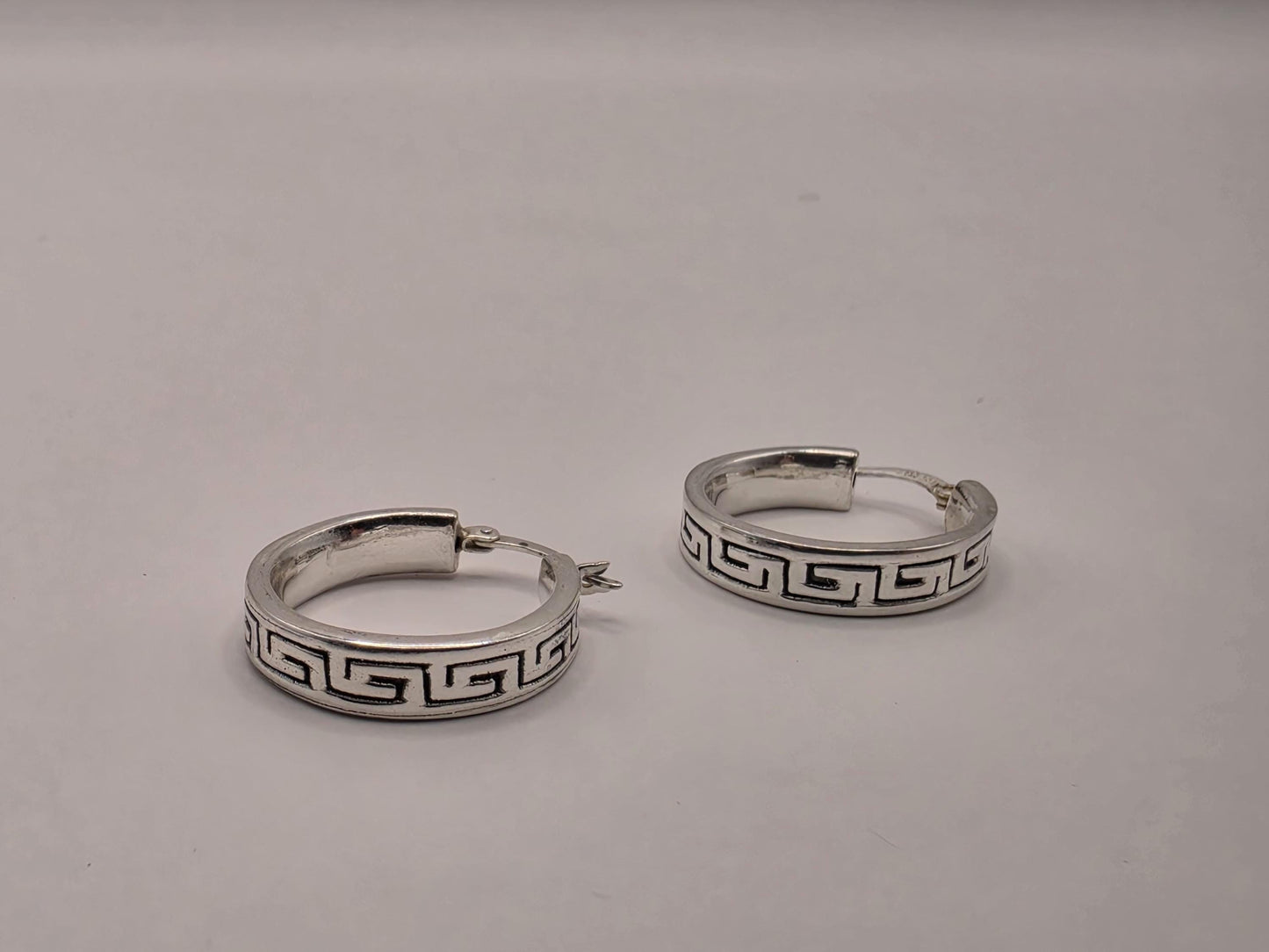 Sterling Silver Greek Key Hoop Earrings | 925 Silver Pattern Hoops 24mm