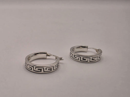 Sterling Silver Greek Key Hoop Earrings | 925 Silver Pattern Hoops 24mm