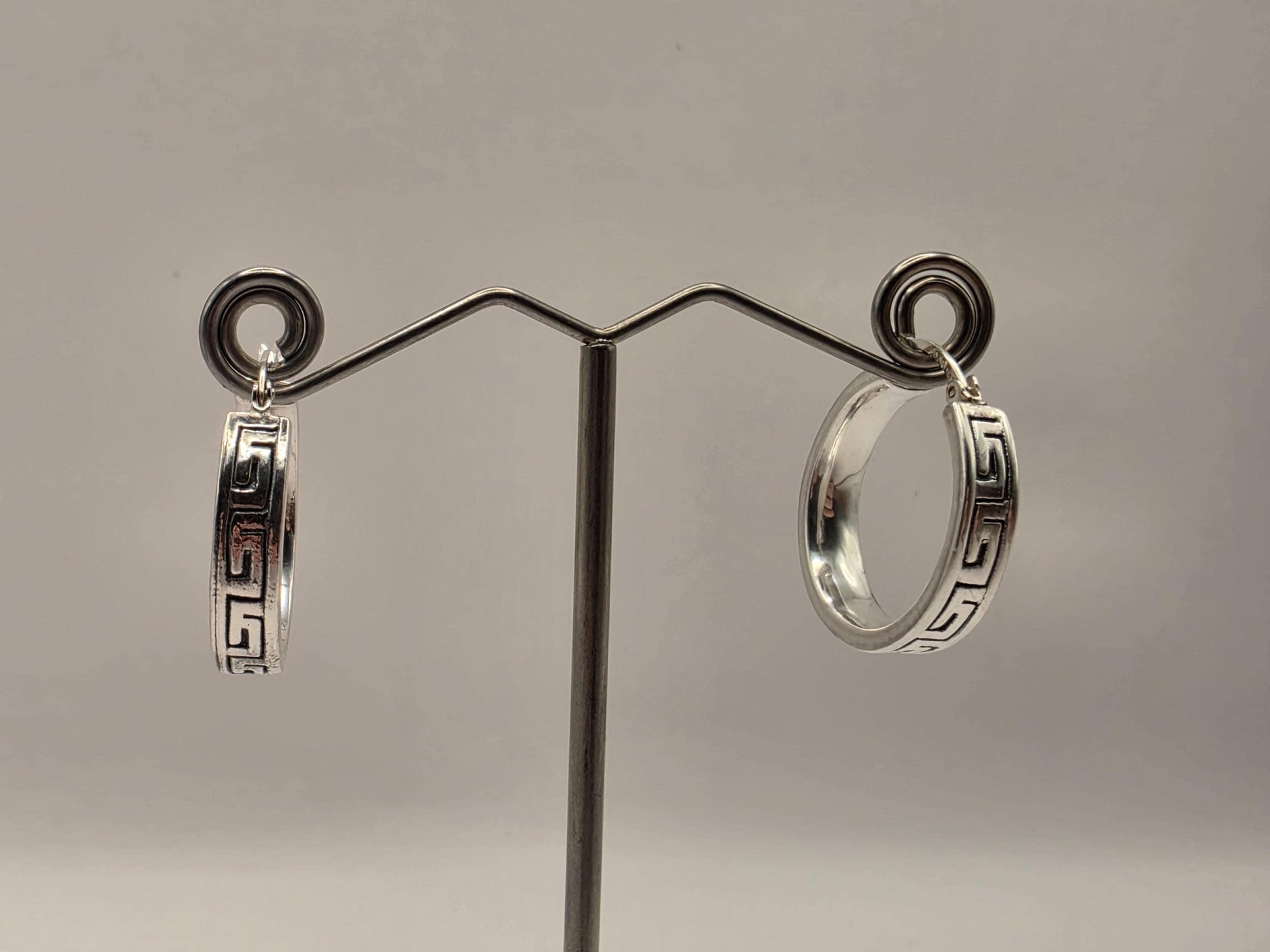 Sterling Silver Greek Key Hoop Earrings | 925 Silver Pattern Hoops 24mm