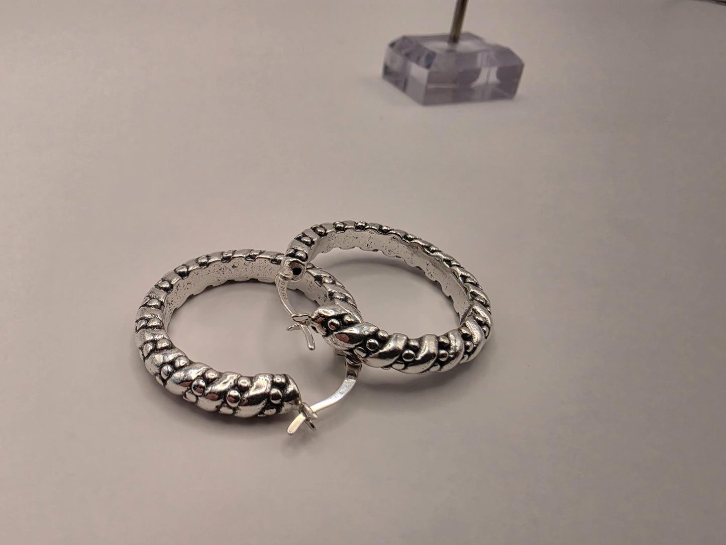 Sterling Silver Dotted Rope Hoop Earrings | 925 Silver Textured Hoops 30mm