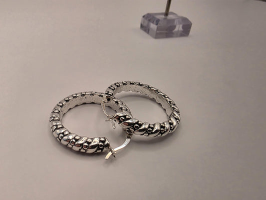 Sterling Silver Dotted Rope Hoop Earrings | 925 Silver Textured Hoops 30mm