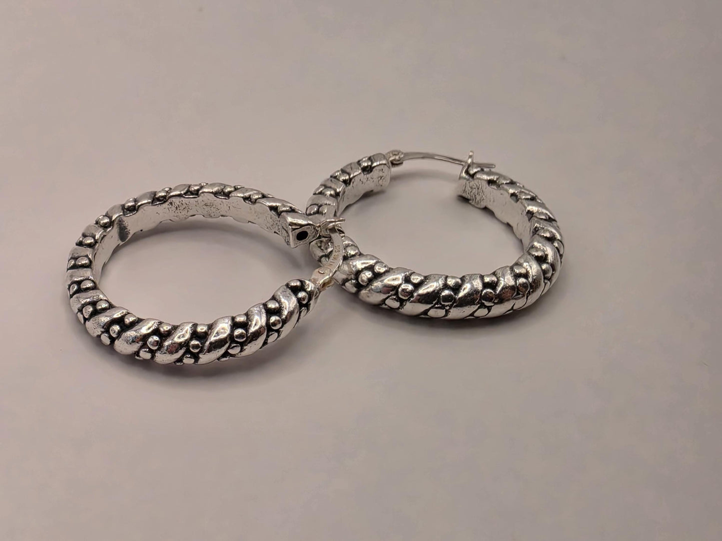 Sterling Silver Dotted Rope Hoop Earrings | 925 Silver Textured Hoops 30mm