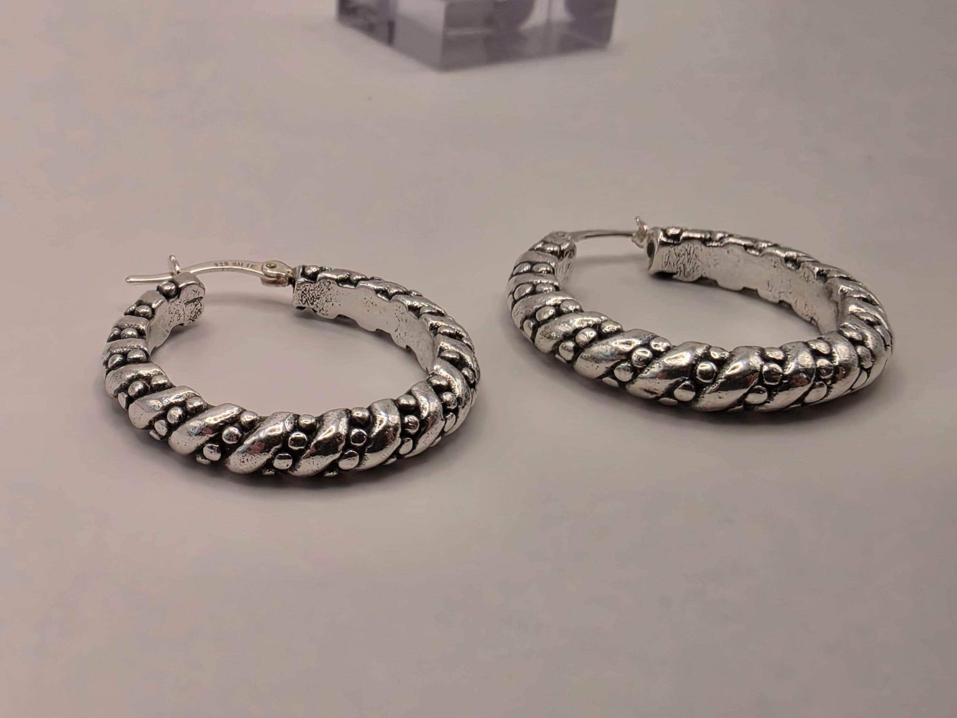 Sterling Silver Dotted Rope Hoop Earrings | 925 Silver Textured Hoops 30mm