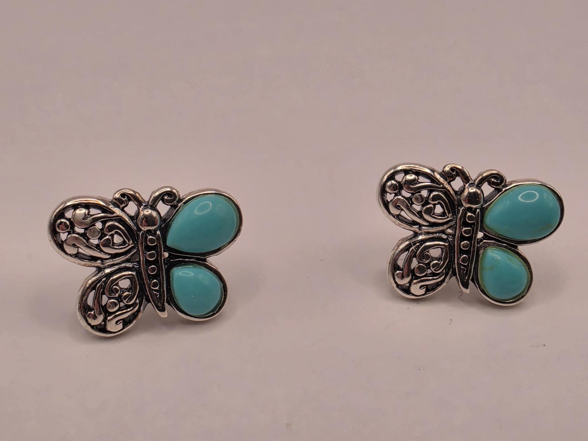 Sterling Silver Butterfly Stud Earrings | 925 Silver Turquoise Filigree Studs 17mm