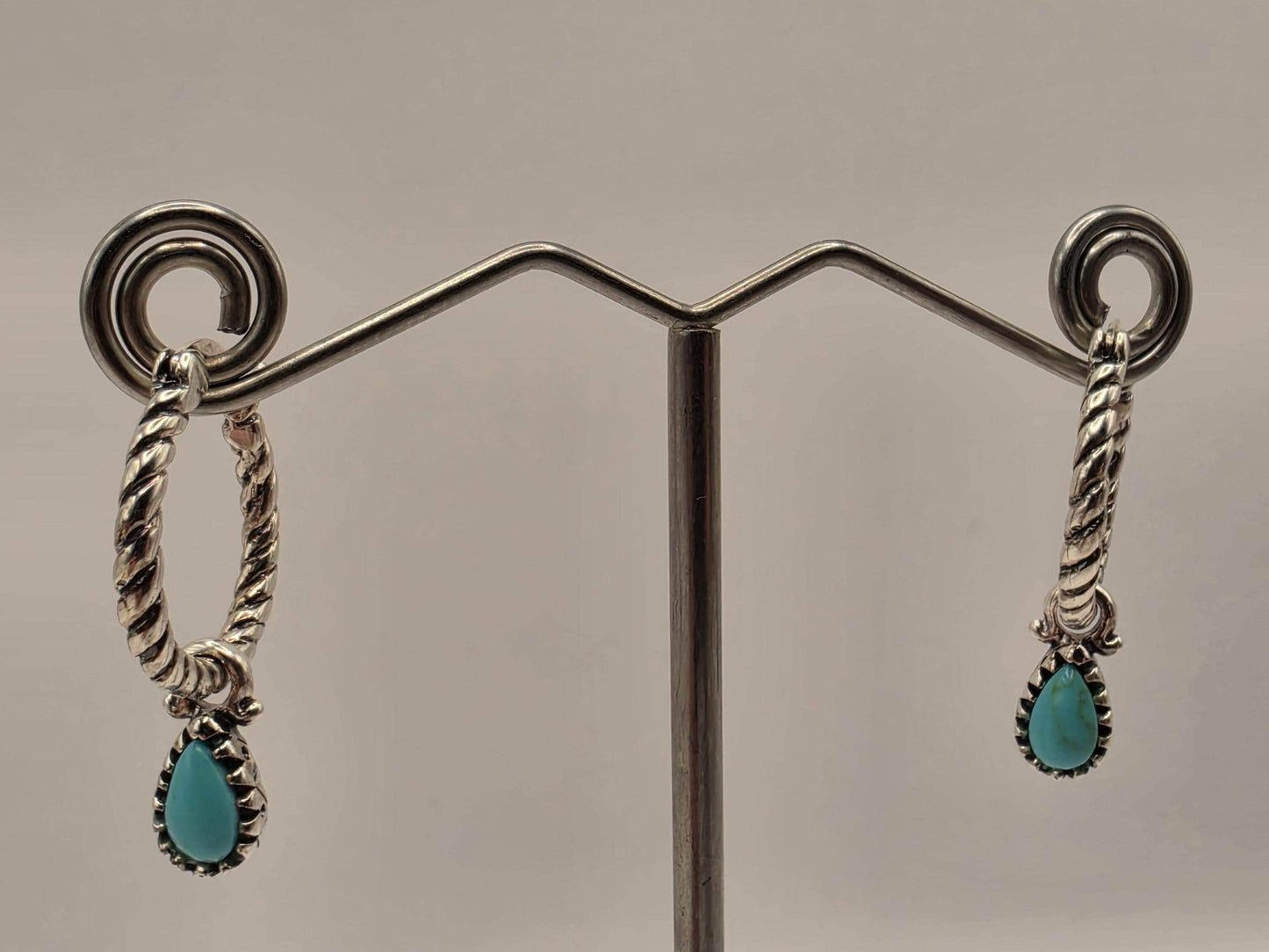 Sterling Silver Twisted Rope Hoop Earrings | 925 Silver Turquoise Drop Hoops 27mm