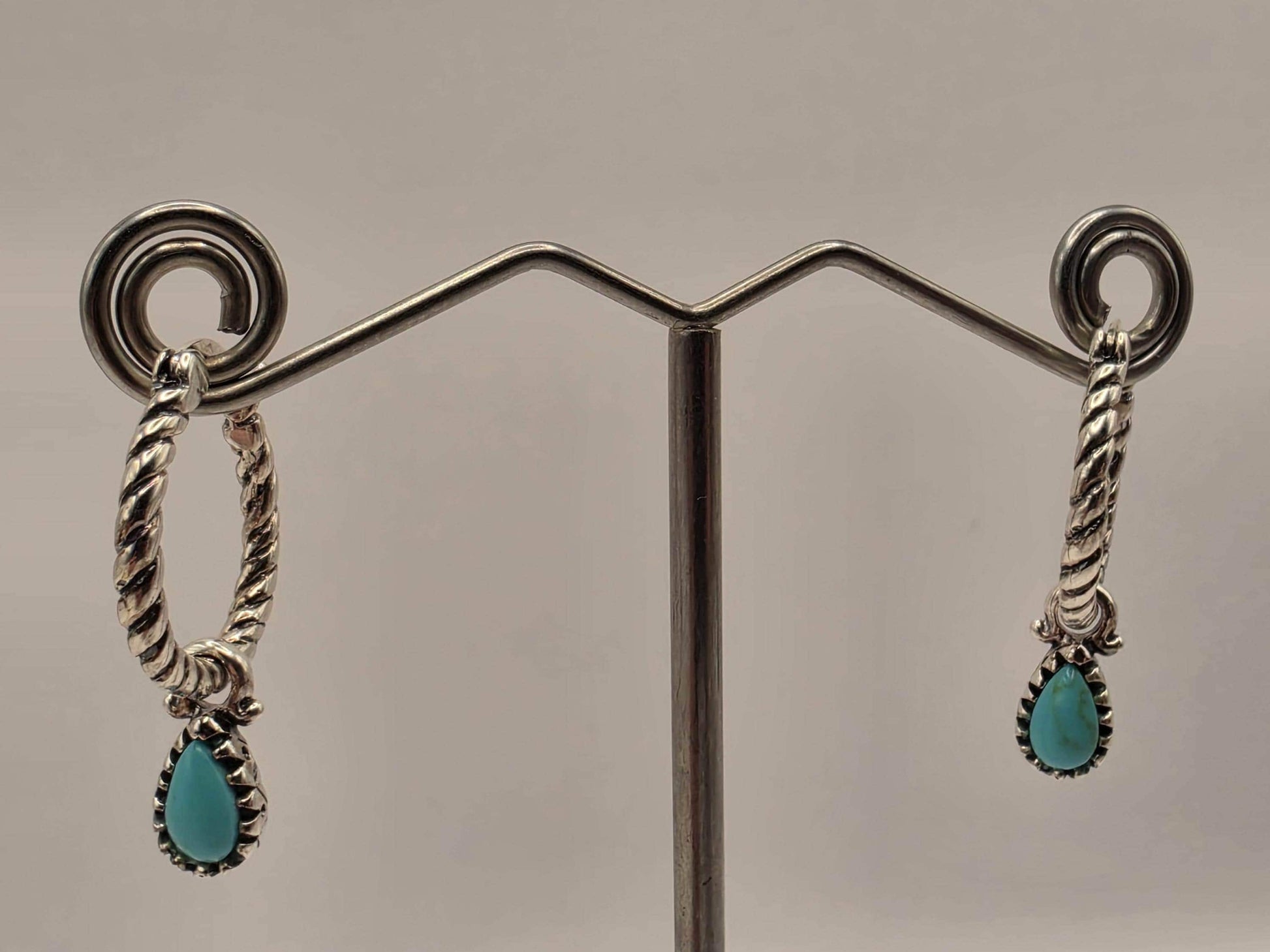 Sterling Silver Twisted Rope Hoop Earrings | 925 Silver Turquoise Drop Hoops 27mm