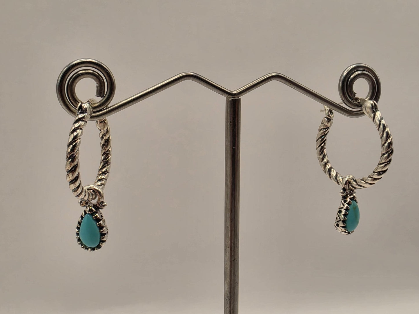 Sterling Silver Twisted Rope Hoop Earrings | 925 Silver Turquoise Drop Hoops 27mm