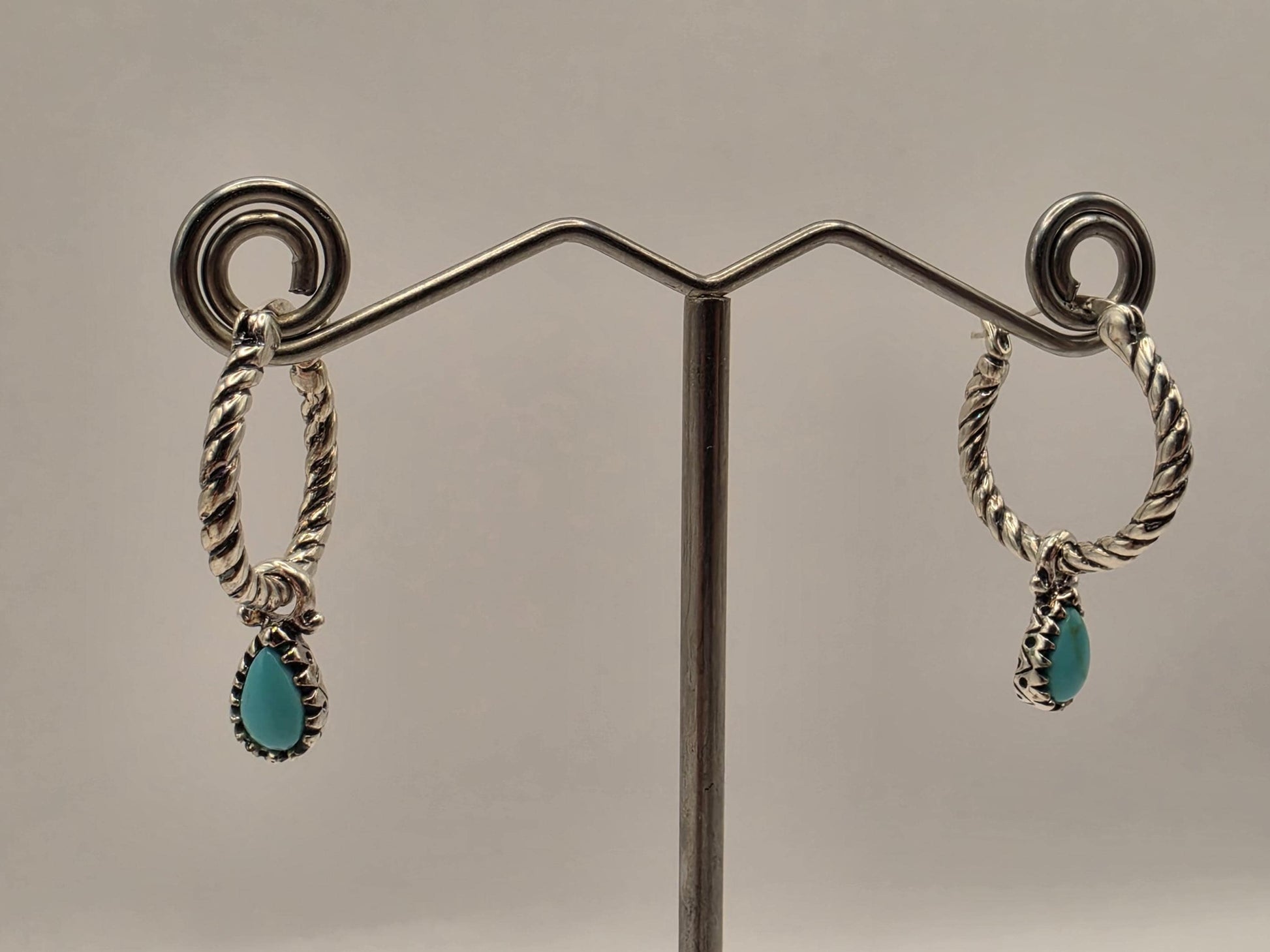 Sterling Silver Twisted Rope Hoop Earrings | 925 Silver Turquoise Drop Hoops 27mm