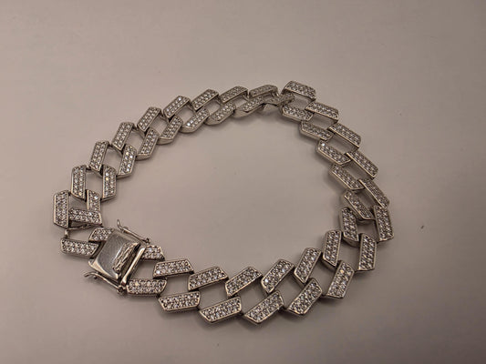 Sterling Silver Pave Cuban Link Bracelet | 925 Silver Iced Out Chain Bracelet 8 Inch