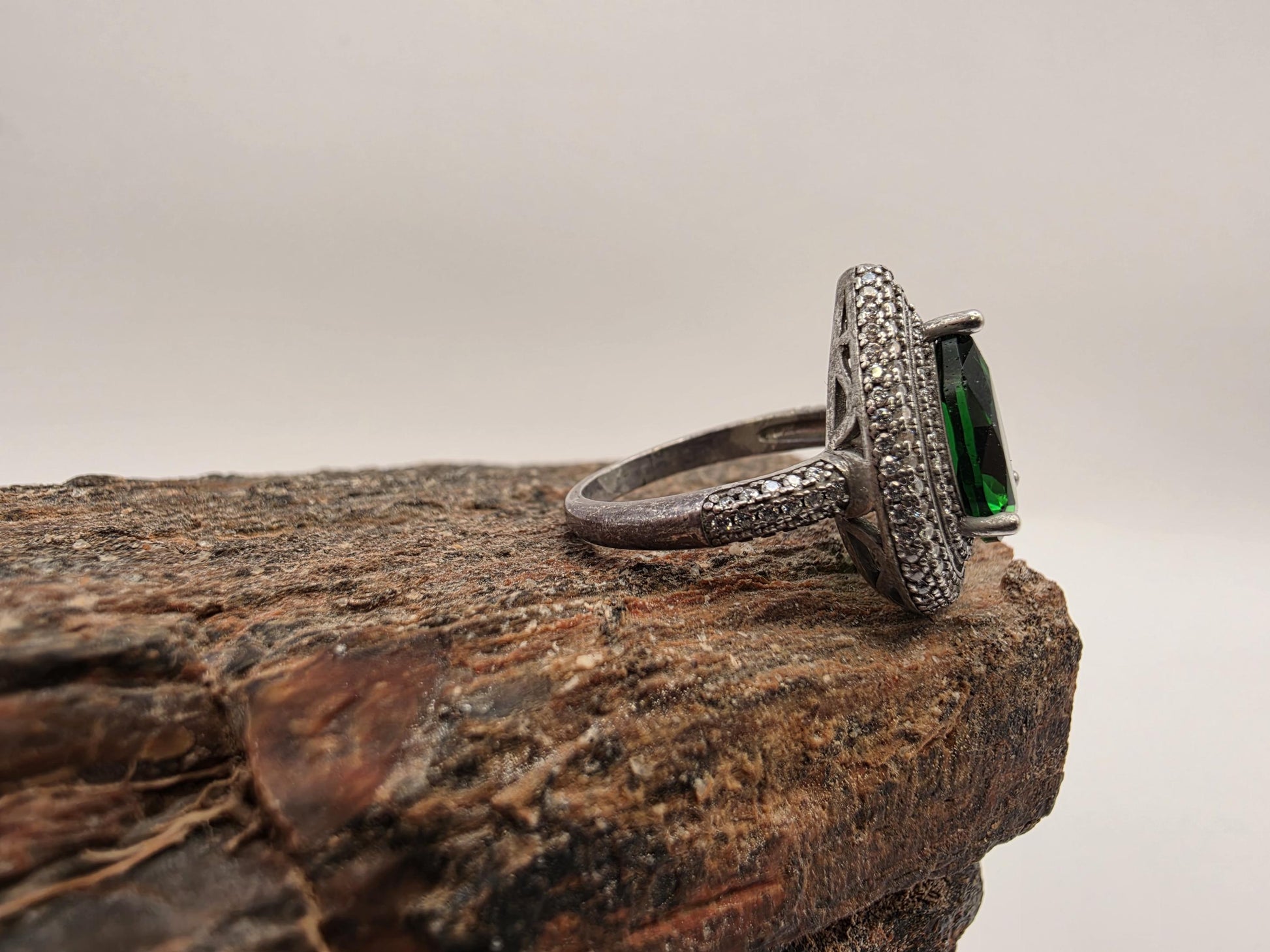Sterling Silver Green CZ Teardrop Double Halo Ring Size 7 Pear Shape Cocktail 925 Women 5.1g