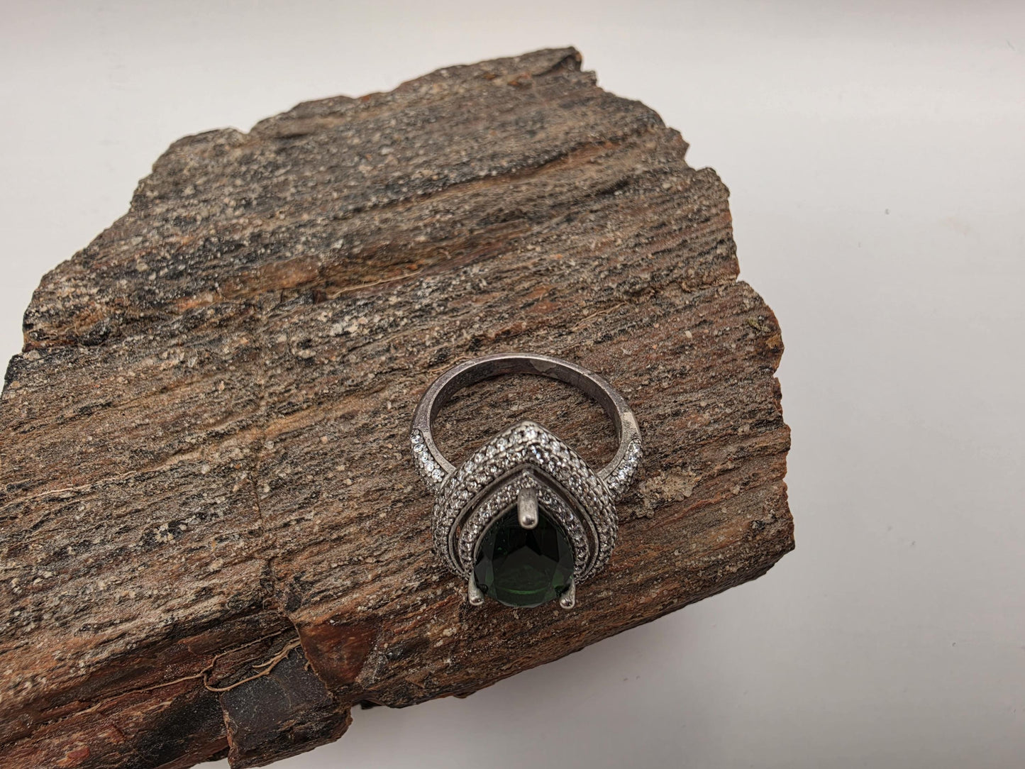 Sterling Silver Green CZ Teardrop Double Halo Ring Size 7 Pear Shape Cocktail 925 Women 5.1g