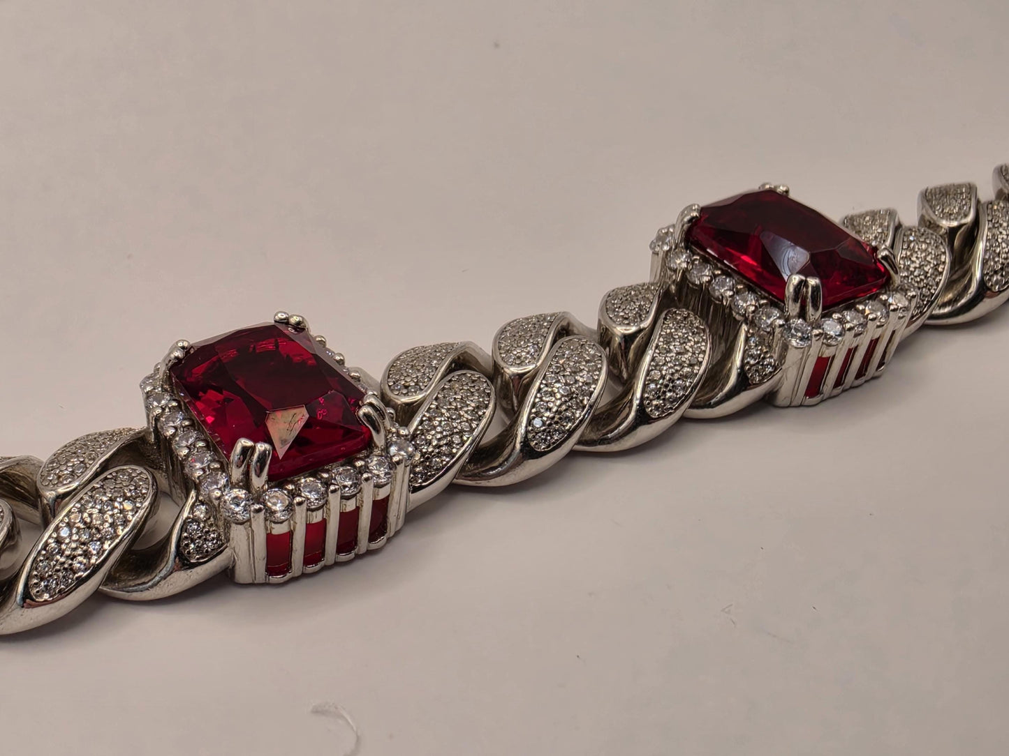 Sterling Silver Cuban Link Red CZ Bracelet | 925 Silver Iced Out Statement Bracelet 9 Inch