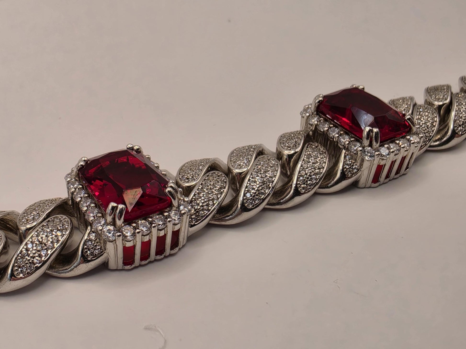 Sterling Silver Cuban Link Red CZ Bracelet | 925 Silver Iced Out Statement Bracelet 9 Inch