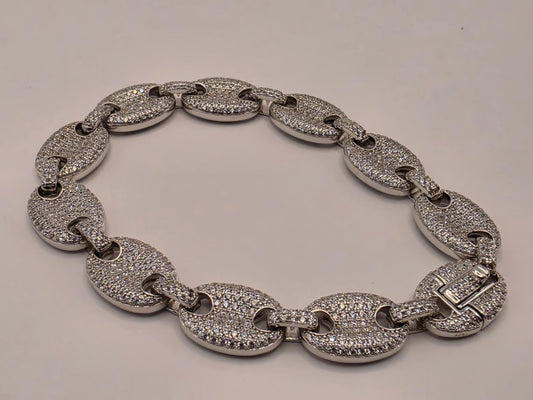 Sterling Silver Pave Mariner Link Bracelet | 925 Silver Iced Out Oval Link Bracelet 8.5 Inch