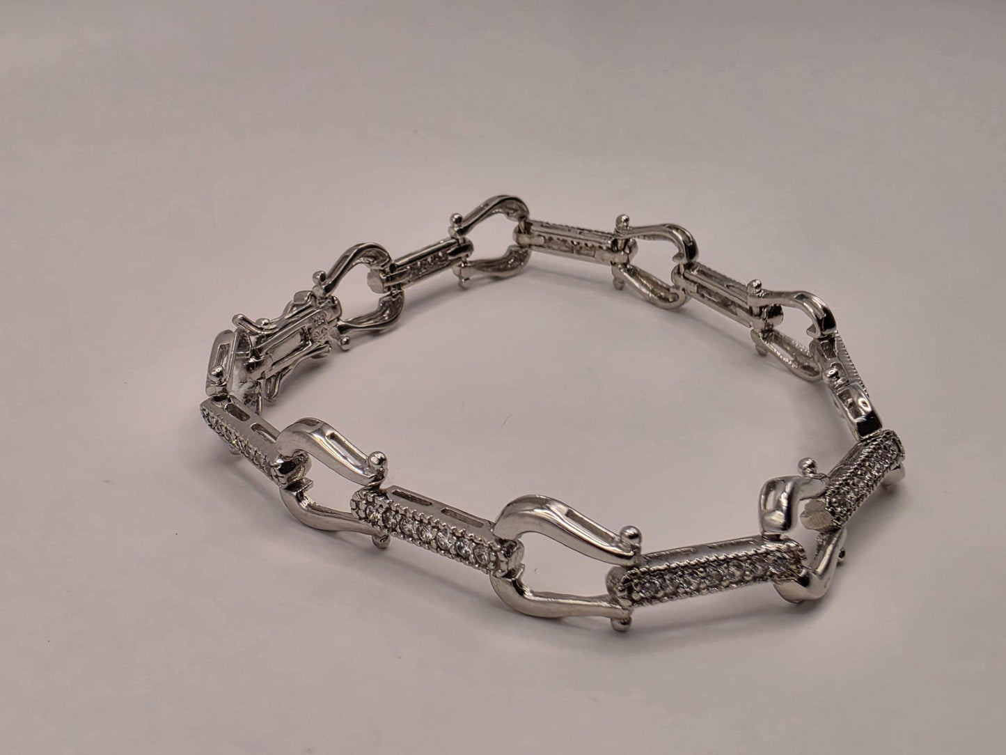 Sterling Silver Shackle Link Chain Bracelet | 925 Silver U-Link Pave Bracelet 7.5 Inch