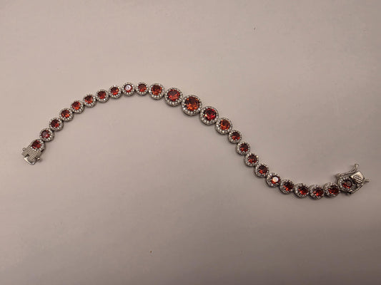 Sterling Silver Red CZ Halo Tennis Bracelet | 925 Silver Graduating Stone Bracelet 7.75 Inch