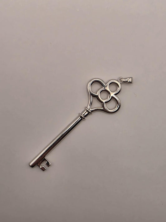 Sterling Silver Skeleton Key Pendant, Clover Bow Vintage Style 925
