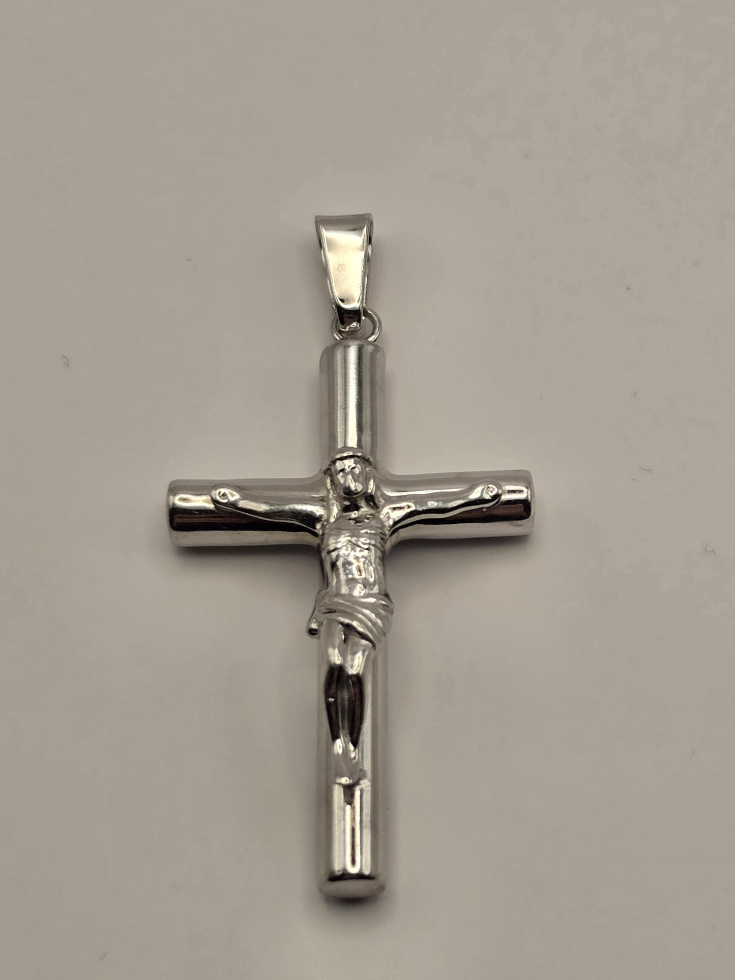 Sterling Silver Tube Crucifix Pendant, Round Bar Cross with Corpus 925
