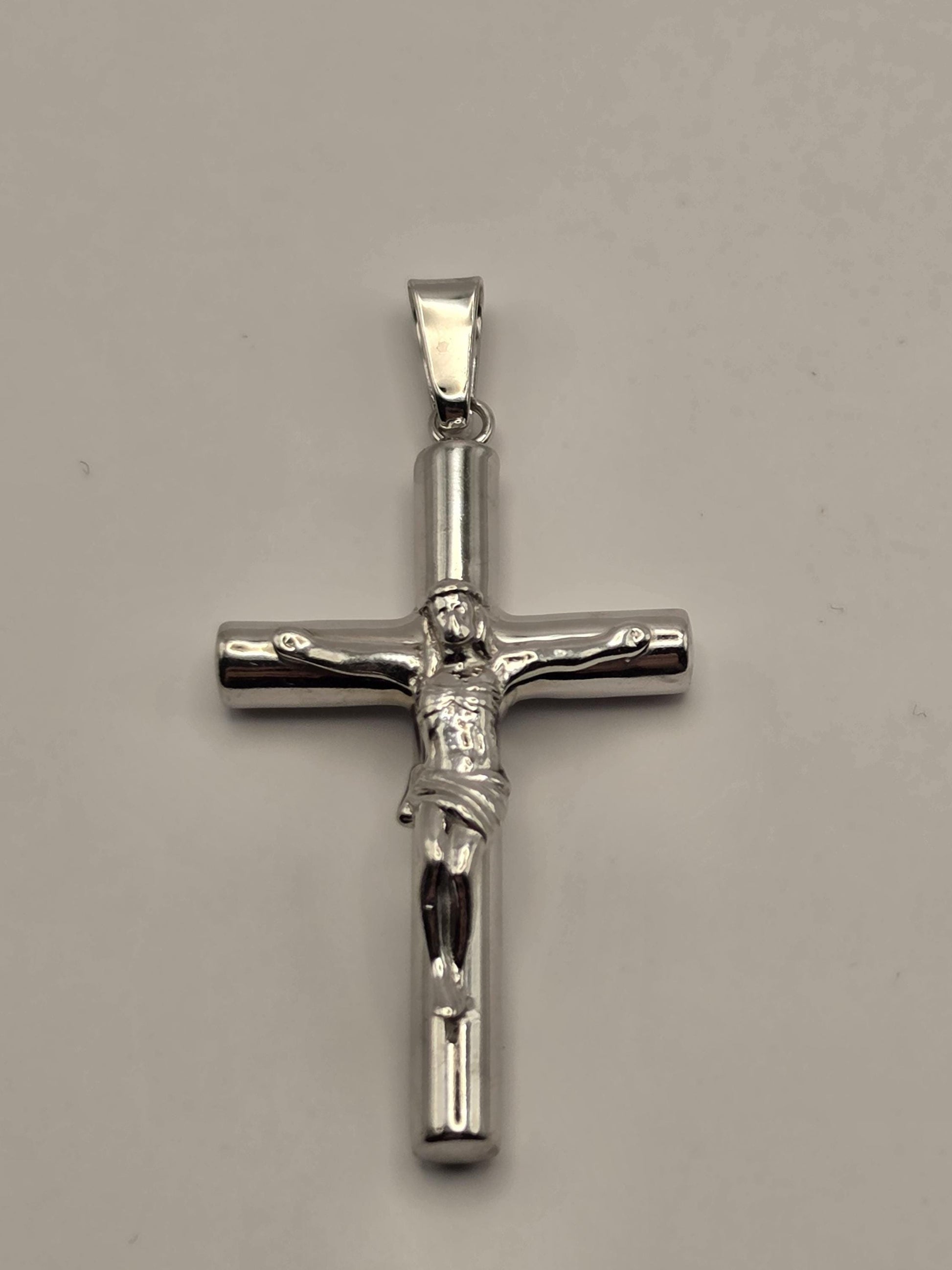 Sterling Silver Tube Crucifix Pendant, Round Bar Cross with Corpus 925